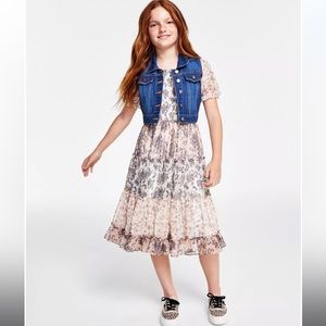 Rare Editions Mixed Print Tiered dress with denim vest, size 7